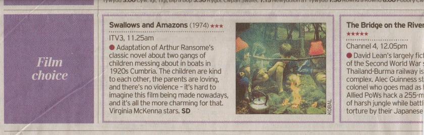 Daily Telegraph - Film choice May Bank Holiday Monday 2012 'Swallows and Amazons' broadcast on ITV3