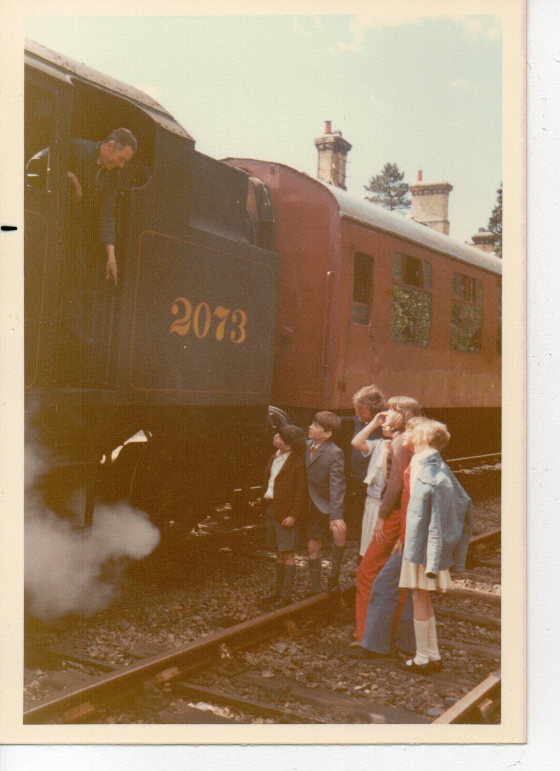steam train Talking to the engine driver at the Haverthwaite Railway Station on the first day of filming 'Swallows and Amazons' in 1973 (Photo: Daphne Neville)