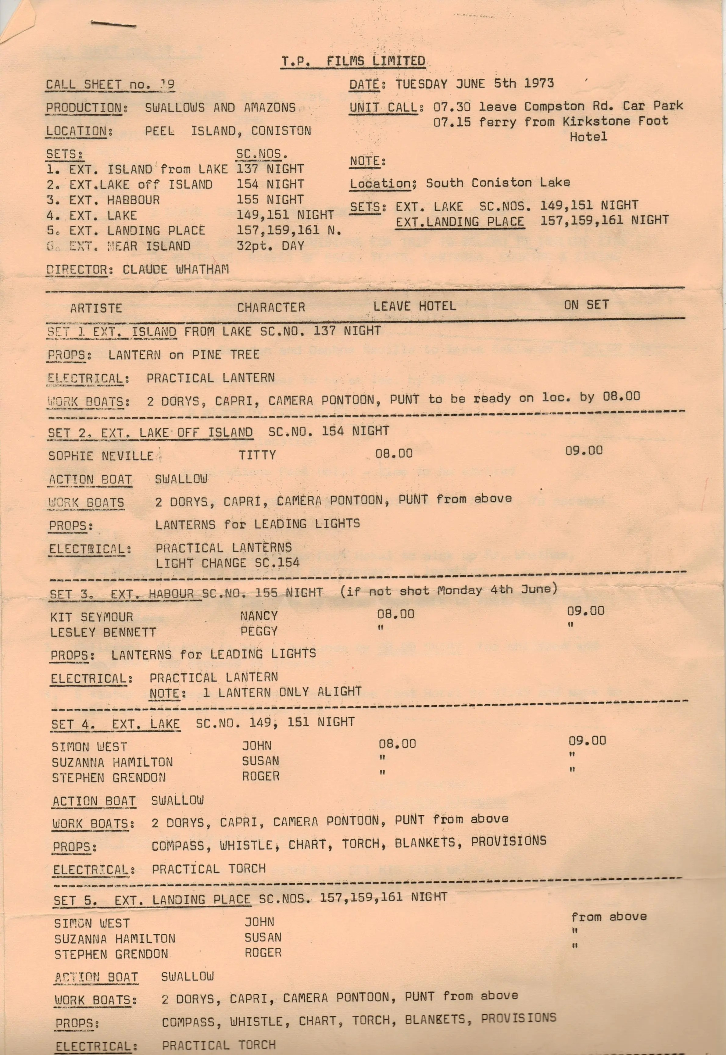 The Call Sheet for 5th June 1973