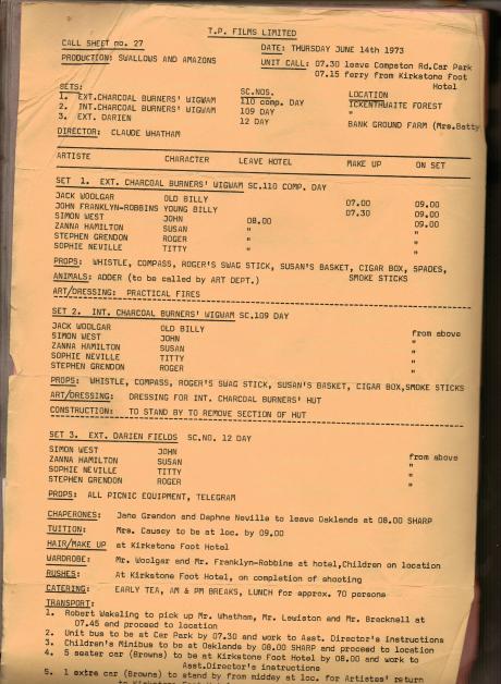 Charcoal Burners Movie Call Sheet ~ Swallows and Amazons