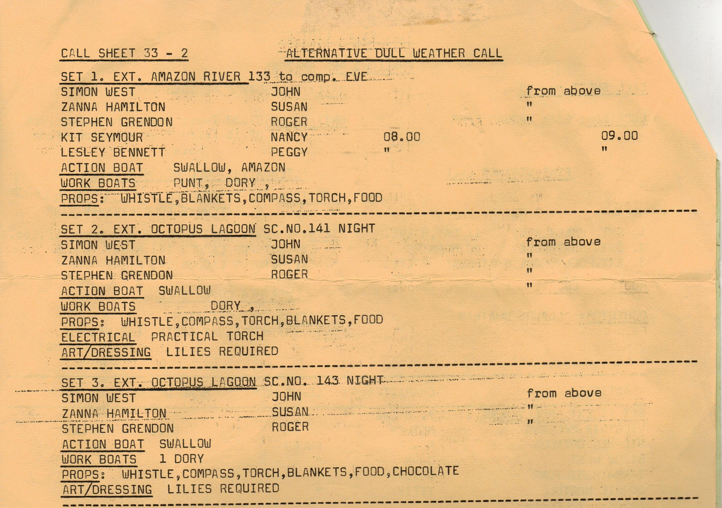 Call Sheet for Octopus Lagoon filming Swallows and Amazons in 1973 