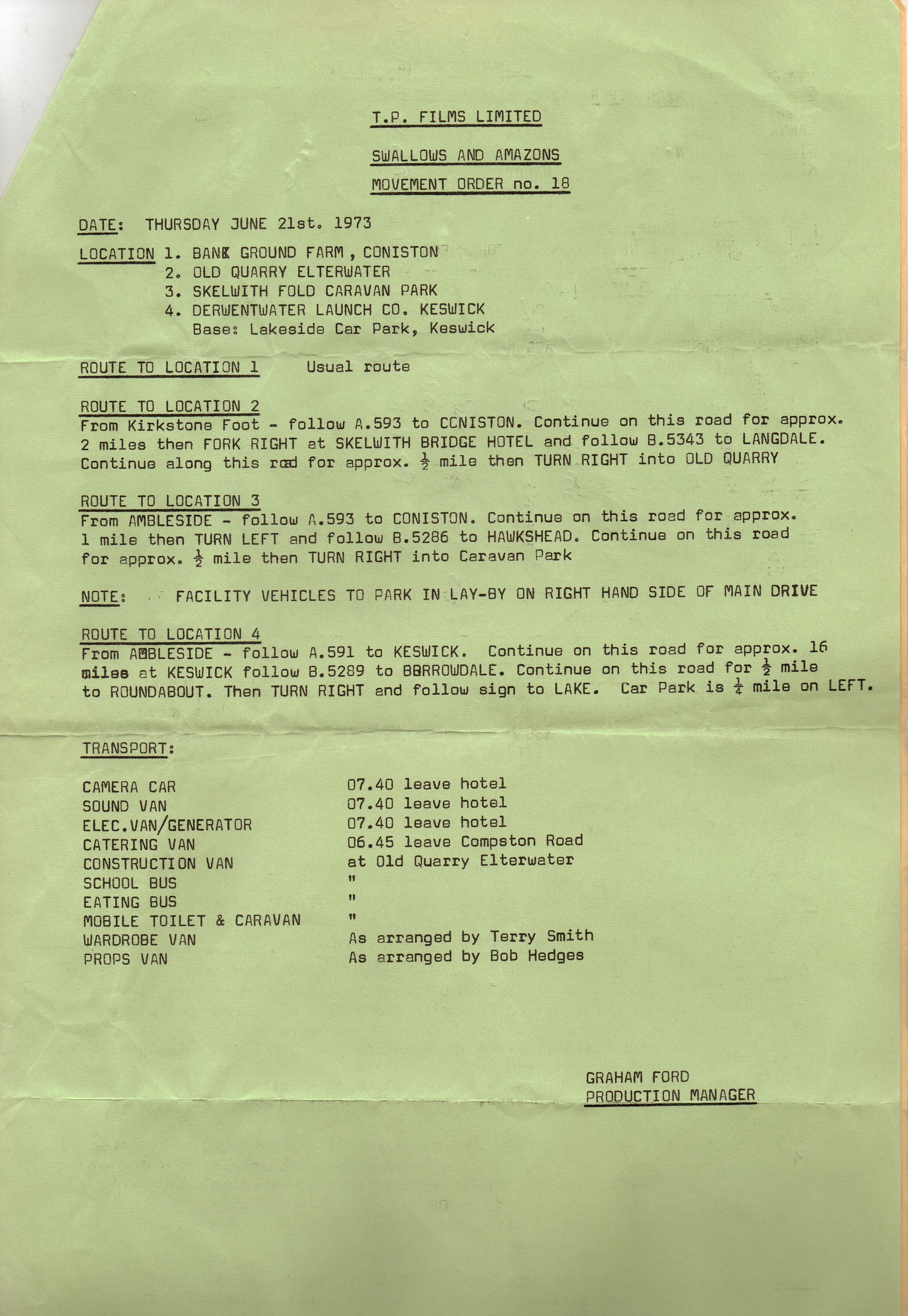 Addresses of rural locations used for the film of 'Swallows and Amazons'