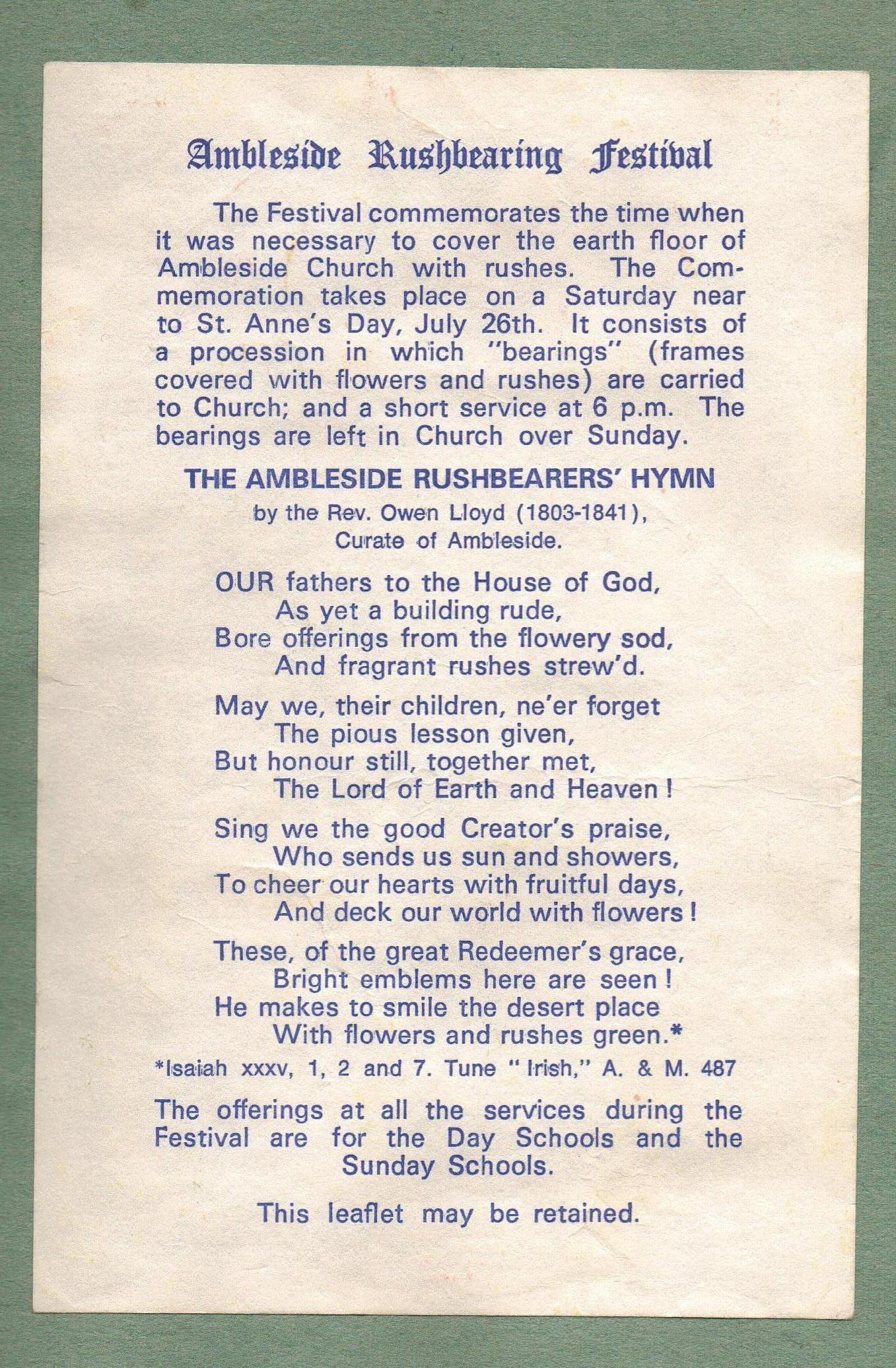 St Mary's Church Ambleside Rush Bearers' Hymn