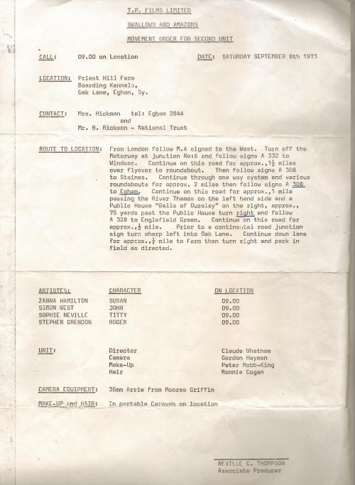 Theatre Projects Call Sheet for 'Swallows and Amazons'