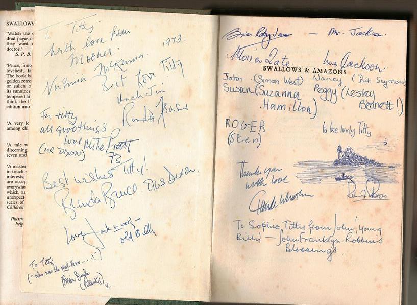 Signatures of the cast, director and producer of the movie 'Swallows and Amazons' in my hardback copy of Arthur Ransome's book 