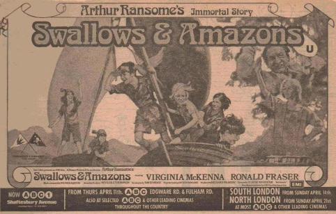 Kit Seymour, Lesley Bennett, Simon West, Sophie Neville, Stephen Grendon, Ronald Fraser and Virginia McKenna on the Newspaper advertisment for 'Swallows and Amazons' released in Apirl 1974 