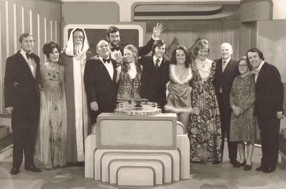 Bruce Hocking, Jan Leeming and Daphne Neville with contestants appearing on an HTV Christmas Special