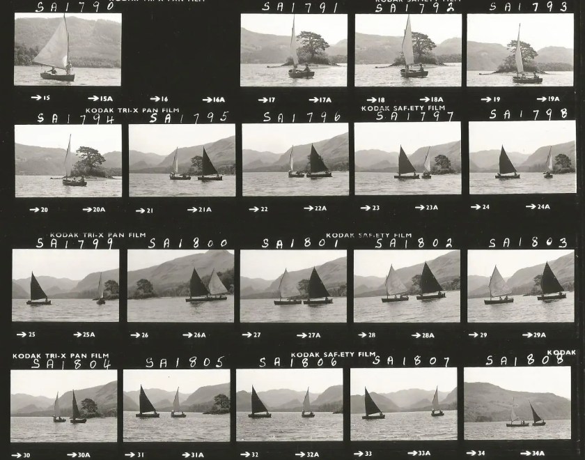 Long shots of sailing Swallows and Amazon on Derwentwater in 1973