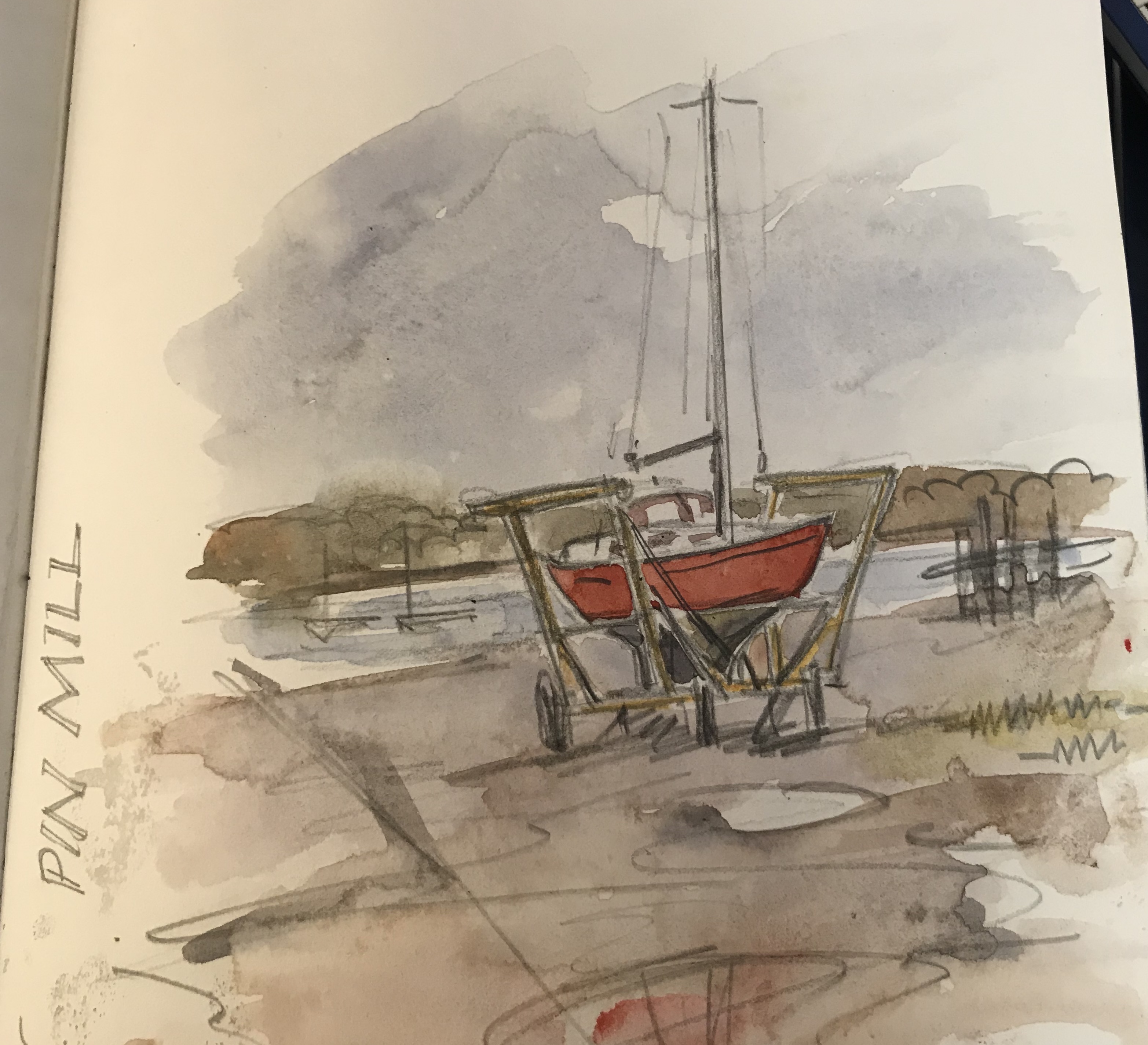 Claudia Myatt's sketch of a yacht at Pin Mill