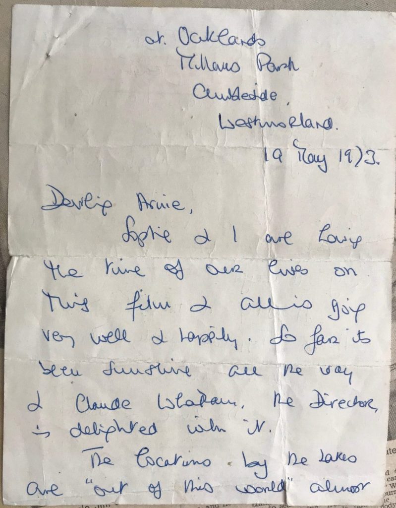 Letter written about the filming of 'Swallows and Amazons'