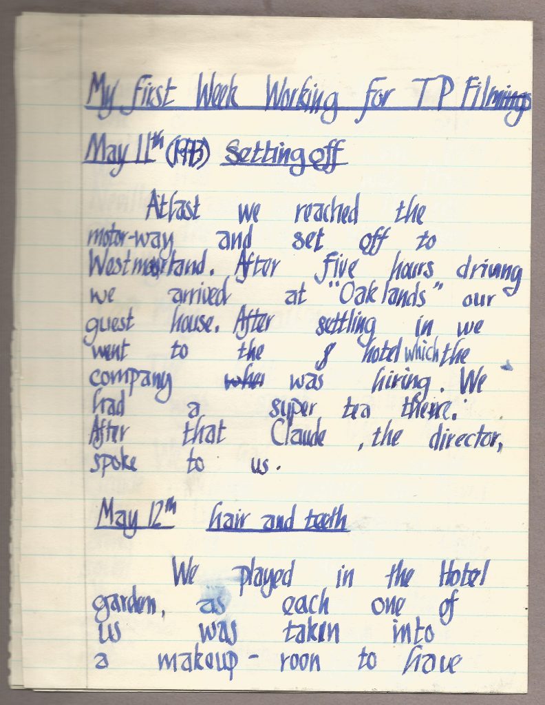 First draft of a diary kept whilst filming 'Swallows and Amazons' 1974