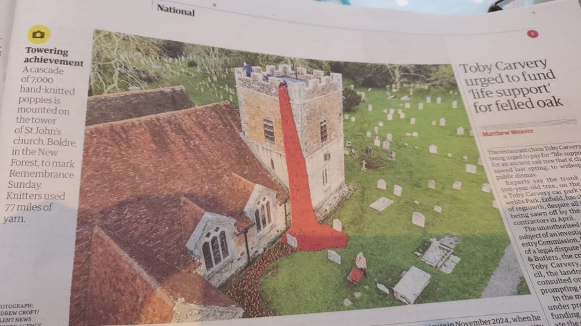 The Remembrance cascade of poppies at Boldre Church
