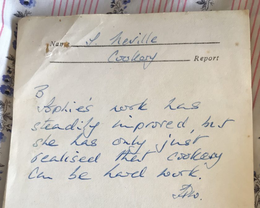 Sophie Neville's school report from her cookery teacher Mrs Wigmore